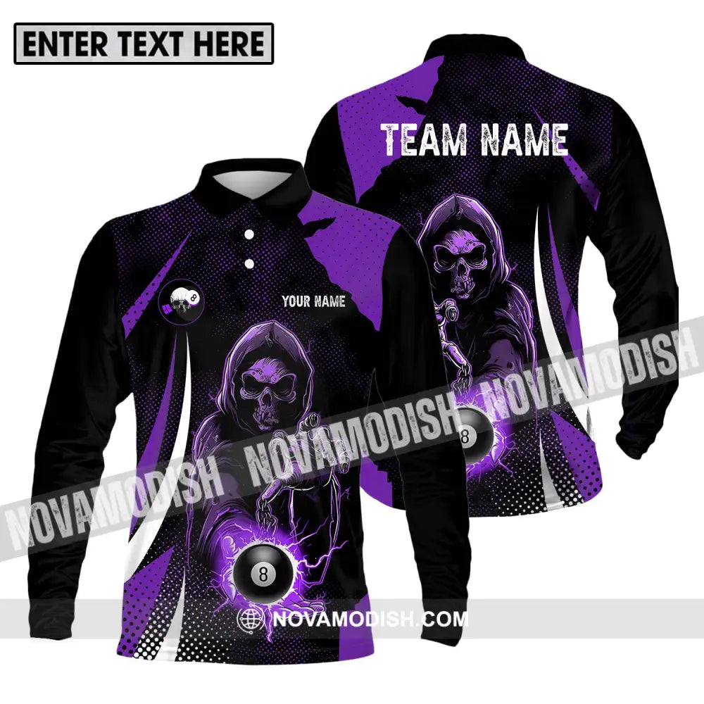 Unisex Shirt - Custom Name And Team Name Shirt Purple Billiard Skull No 8 Long Sleeve Polo / S T-shirt
