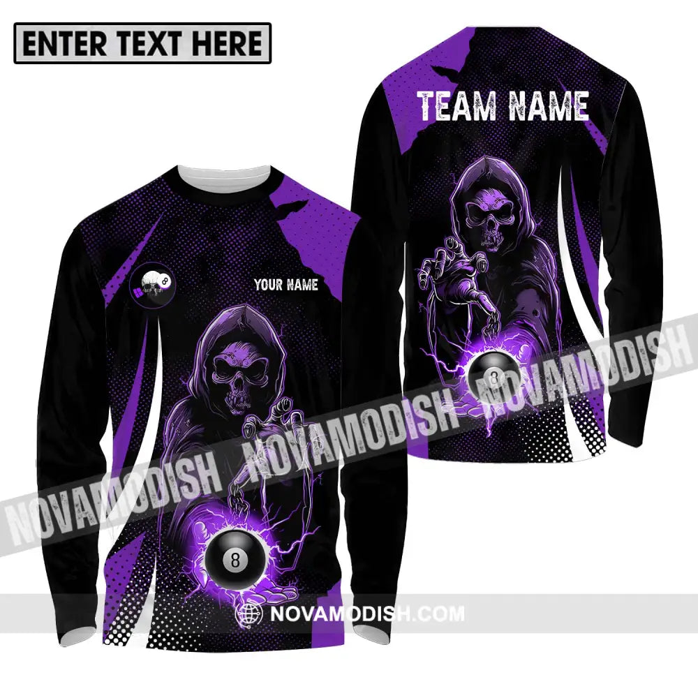 Unisex Shirt - Custom Name And Team Name Shirt Purple Billiard Skull No 8 Long Sleeve Shirt / S T-shirt