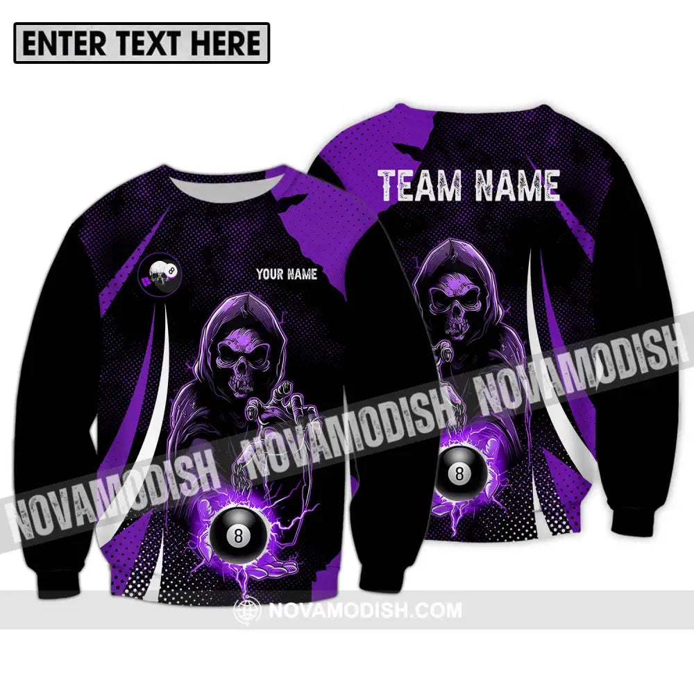 Unisex Shirt - Custom Name And Team Name Shirt Purple Billiard Skull No 8 Long Sleeve / S T-shirt