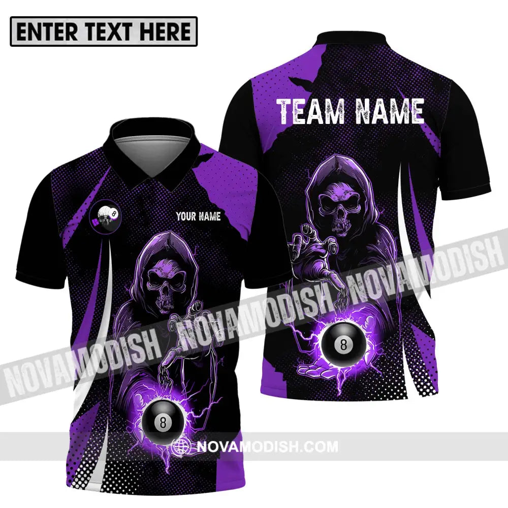 Unisex Shirt - Custom Name And Team Name Shirt Purple Billiard Skull No 8 Polo Shirt / S T-shirt