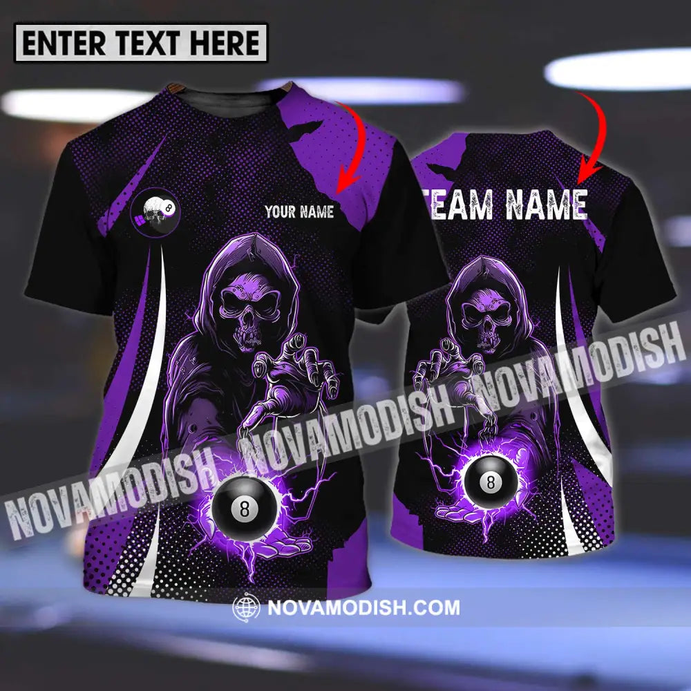 Unisex Shirt - Custom Name And Team Name Shirt Purple Billiard Skull No 8 T-shirt