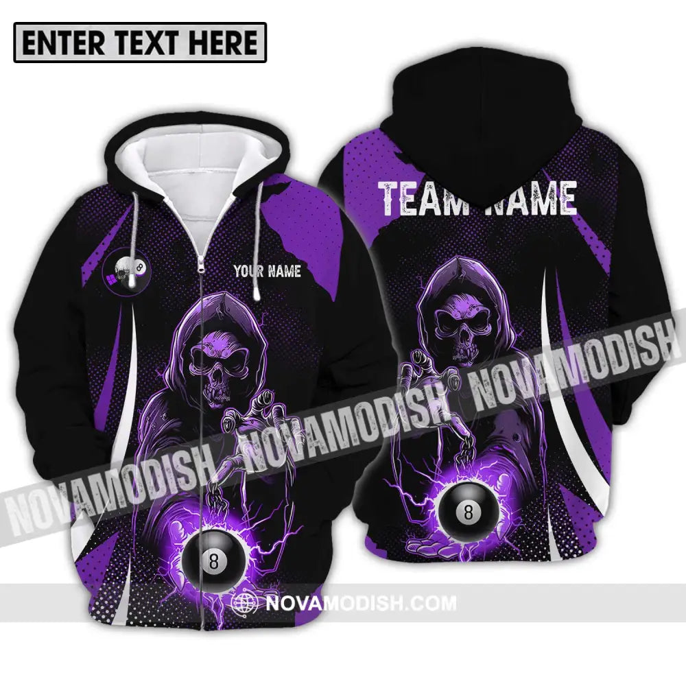 Unisex Shirt - Custom Name And Team Name Shirt Purple Billiard Skull No 8 Zipper Hoodie / S T-shirt