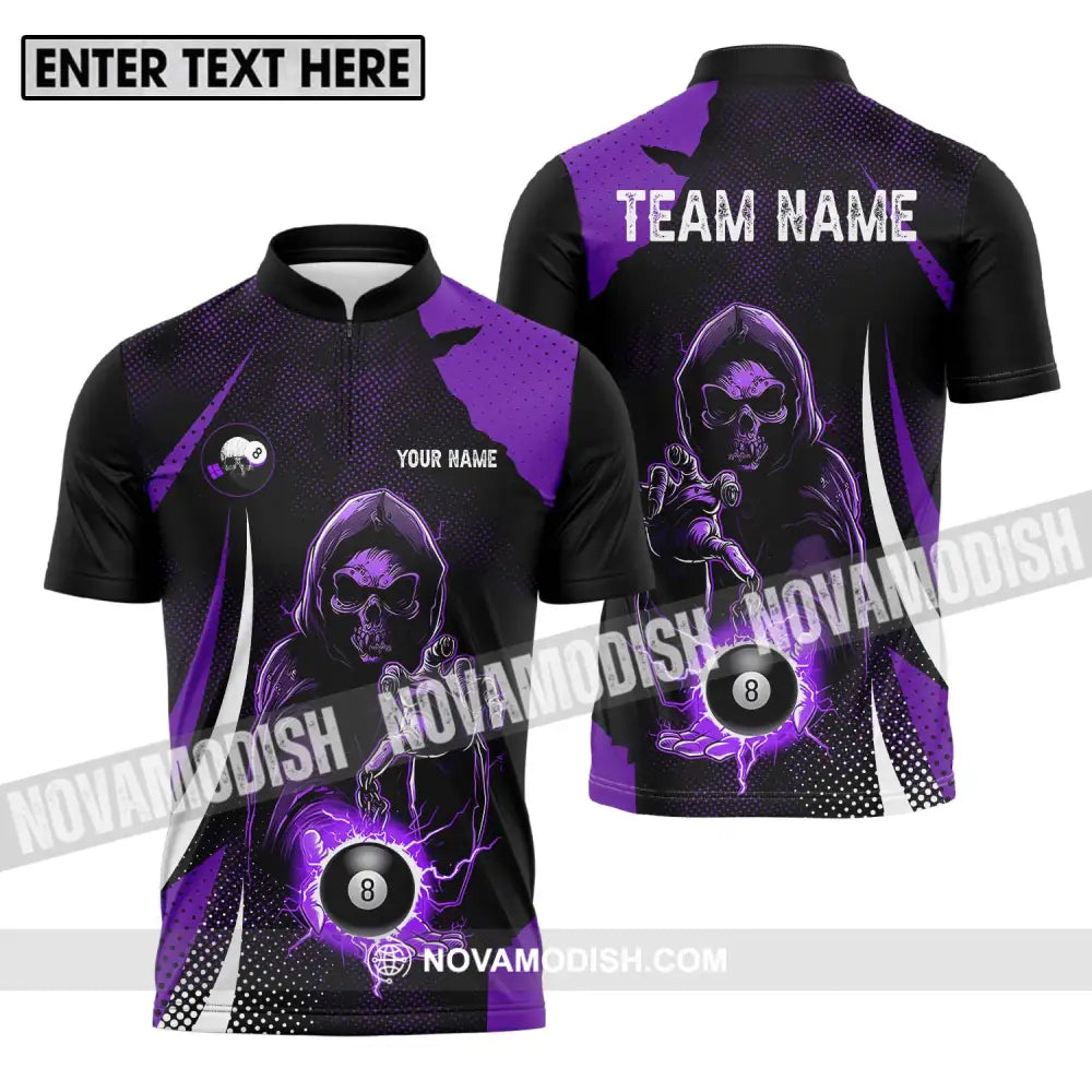 Unisex Shirt - Custom Name And Team Name Shirt Purple Billiard Skull No 8 Zipper Polo Shirt / S T-shirt