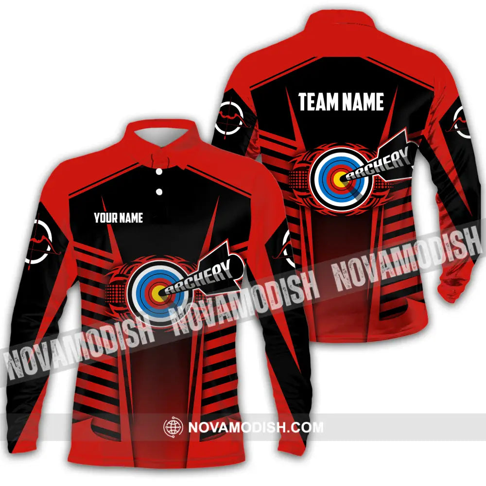 Unisex Shirt - Custom Name And Team Name Shirt Red Archery Long Sleeve Polo / S T-shirt