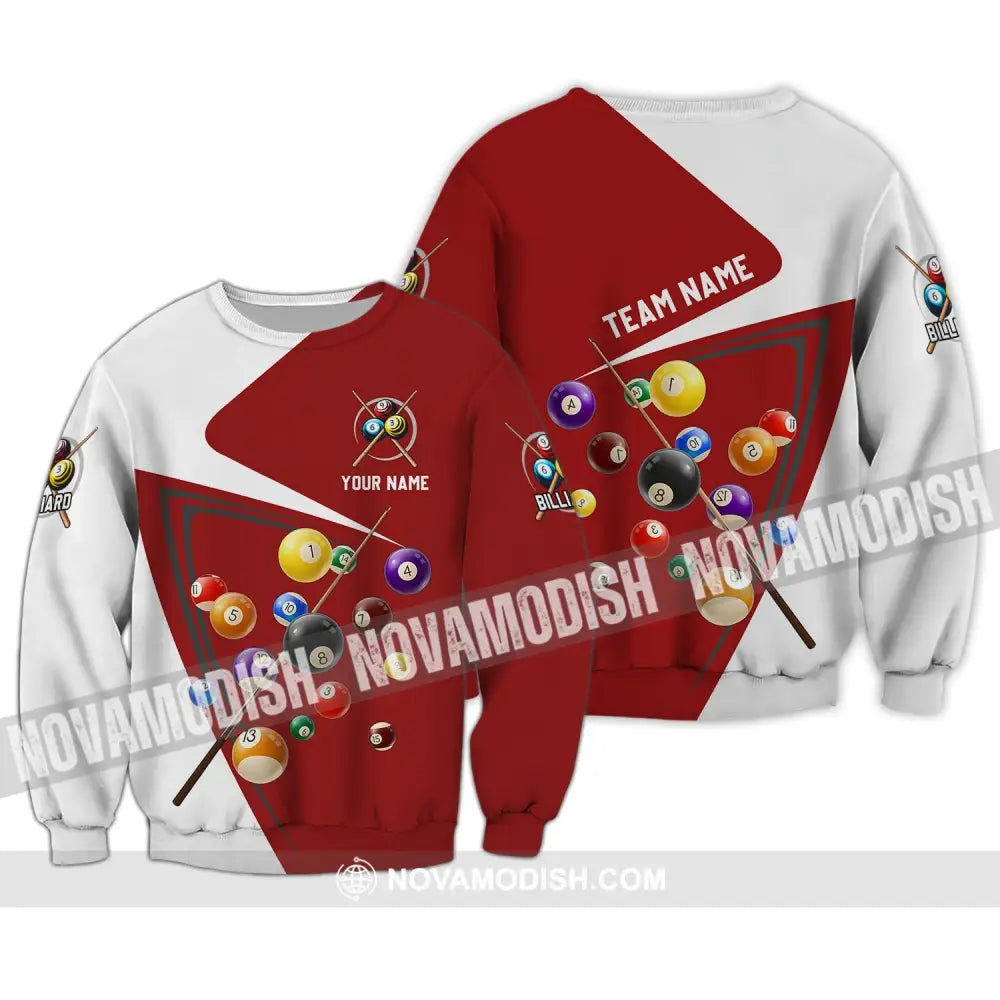 Unisex Shirt - Custom Name And Team Name Shirt - Red And White Shirt For Billiard Lover Long Sleeve / S T-shirt