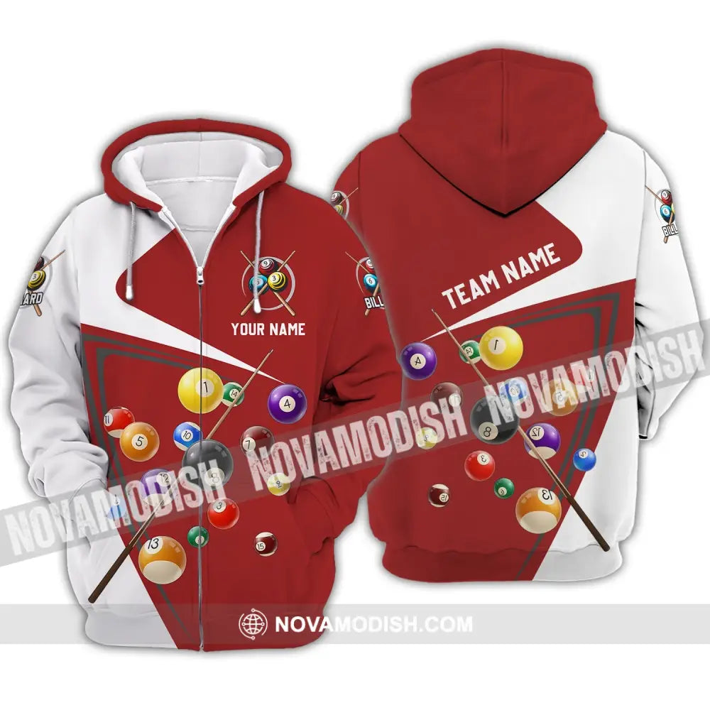 Unisex Shirt - Custom Name And Team Name Shirt - Red And White Shirt For Billiard Lover Zipper Hoodie / S T-shirt