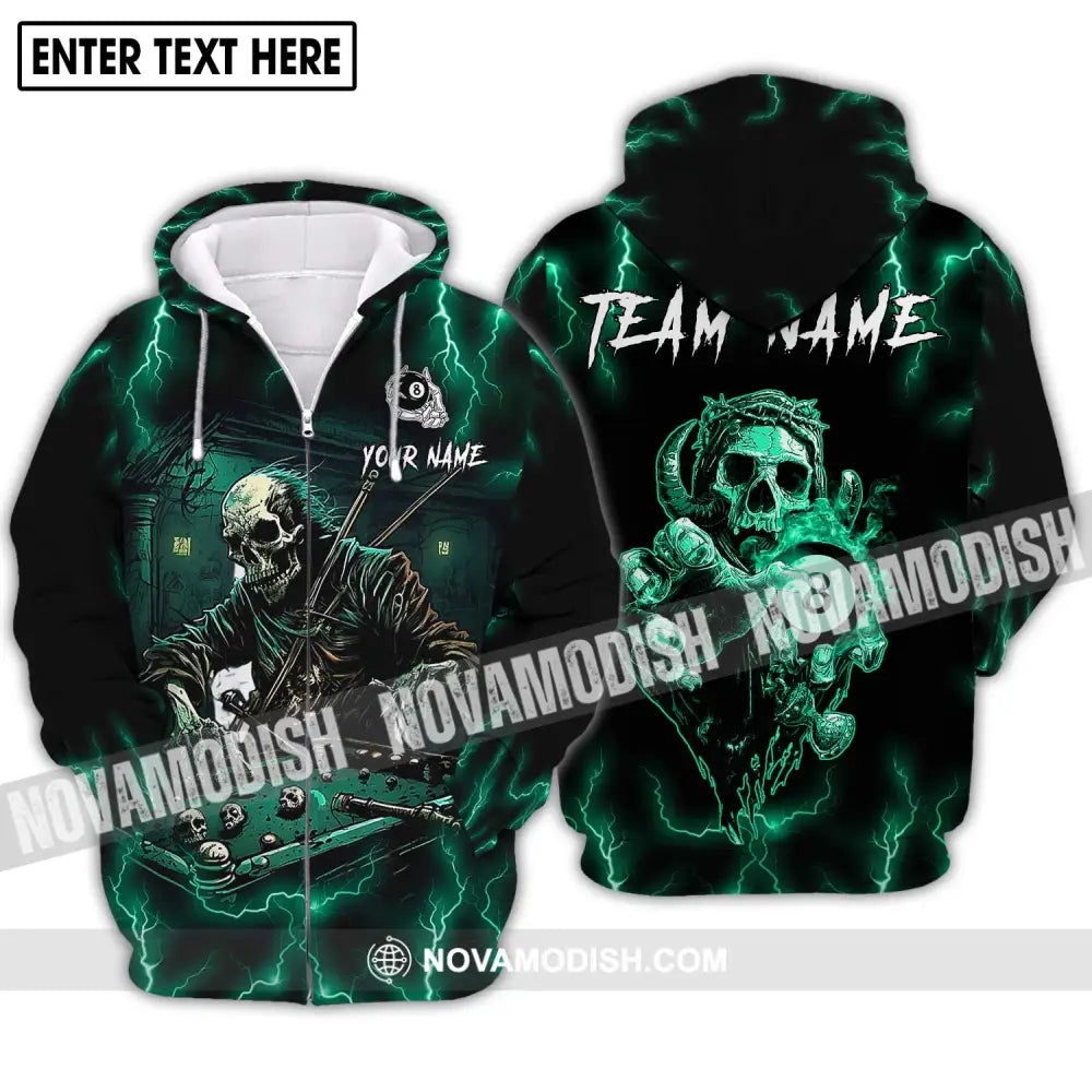 Unisex Shirt - Custom Name And Team Name Shirt Skeleton Playing Billiards Zipper Hoodie / S T-shirt