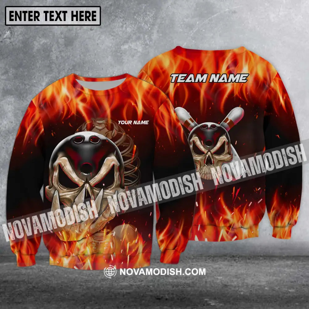 Unisex Shirt - Custom Name And Team Name Shirt - Skull Fire Bowling - Shirt For Bowling Lover Long Sleeve / S T-shirt