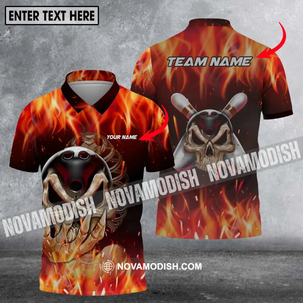 Unisex Shirt - Custom Name And Team Name Shirt - Skull Fire Bowling - Shirt For Bowling Lover Polo Shirt / S T-shirt