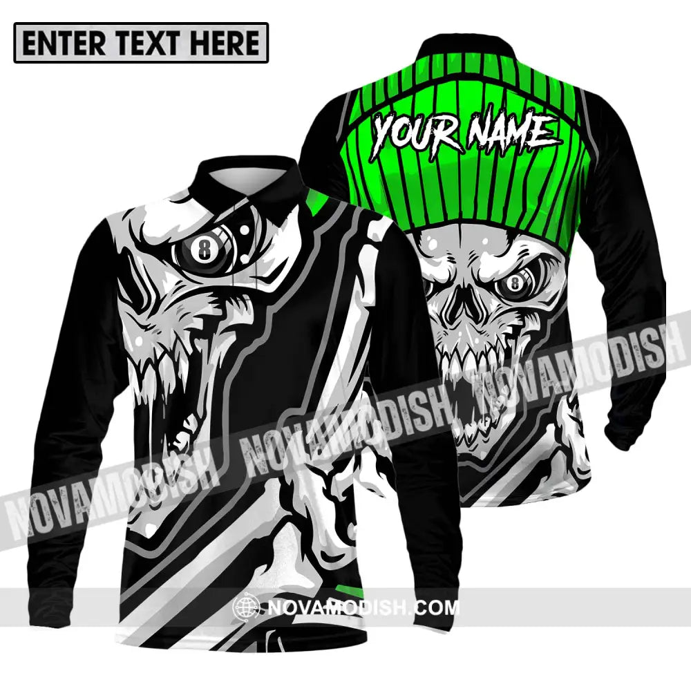 Unisex Shirt - Custom Name And Team Name Sport Shirt Skull Billiard Long Sleeve Polo / S T-shirt