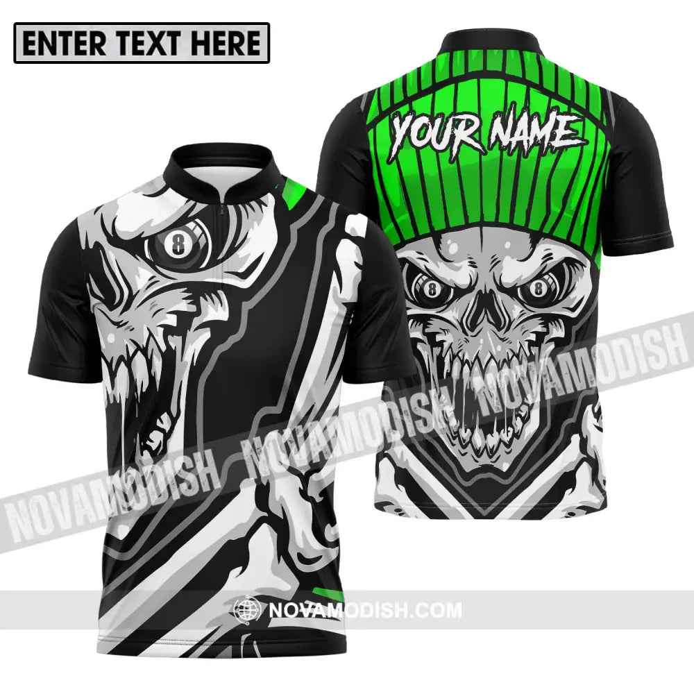Unisex Shirt - Custom Name And Team Name Sport Shirt Skull Billiard Zipper Polo Shirt / S T-shirt