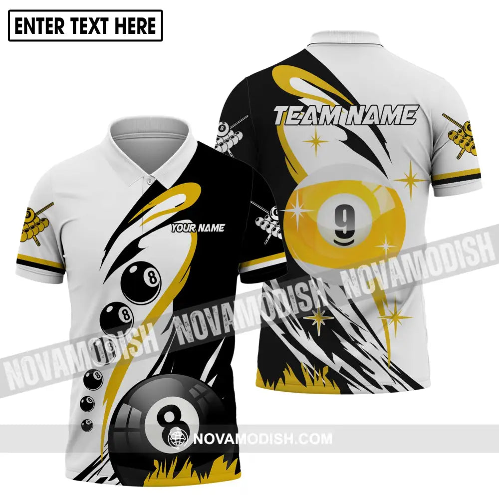 Unisex Shirt - Custom Name And Team Name Shirt Yellow Black And White Billiard Shirt Polo Shirt / S T-shirt