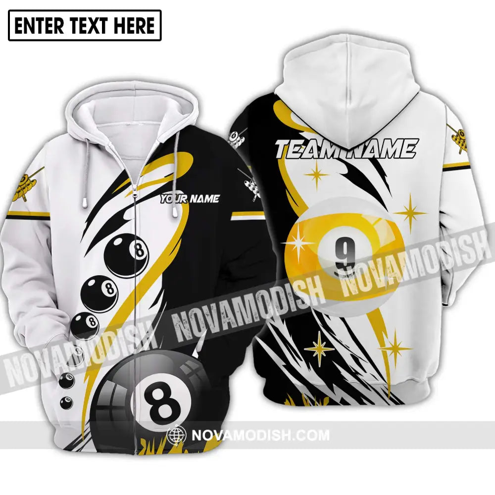 Unisex Shirt - Custom Name And Team Name Shirt Yellow Black And White Billiard Shirt Zipper Hoodie / S T-shirt