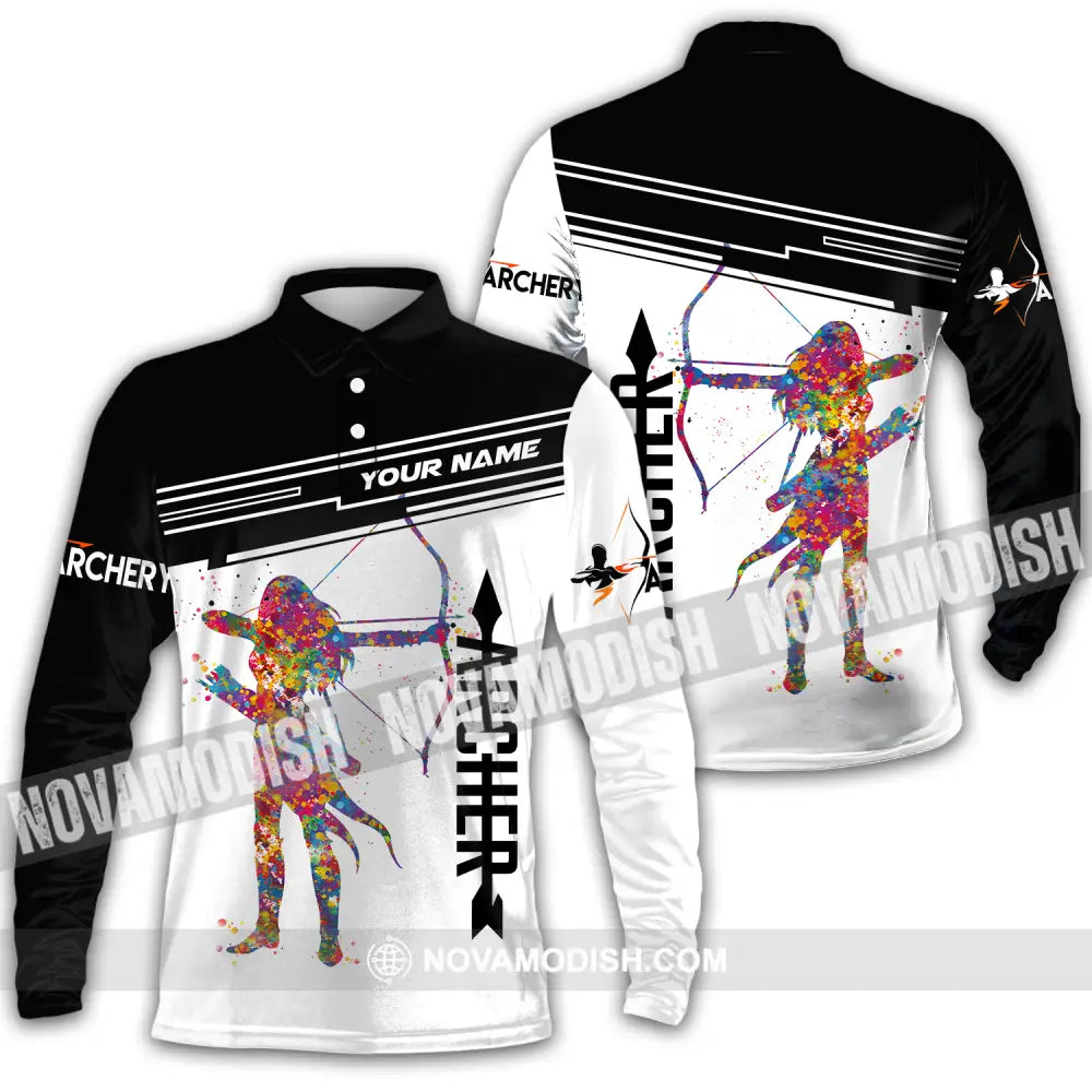 Unisex Shirt - Custom Name Archery Sport Shirt Black And White Long Sleeve Polo / S T-shirt