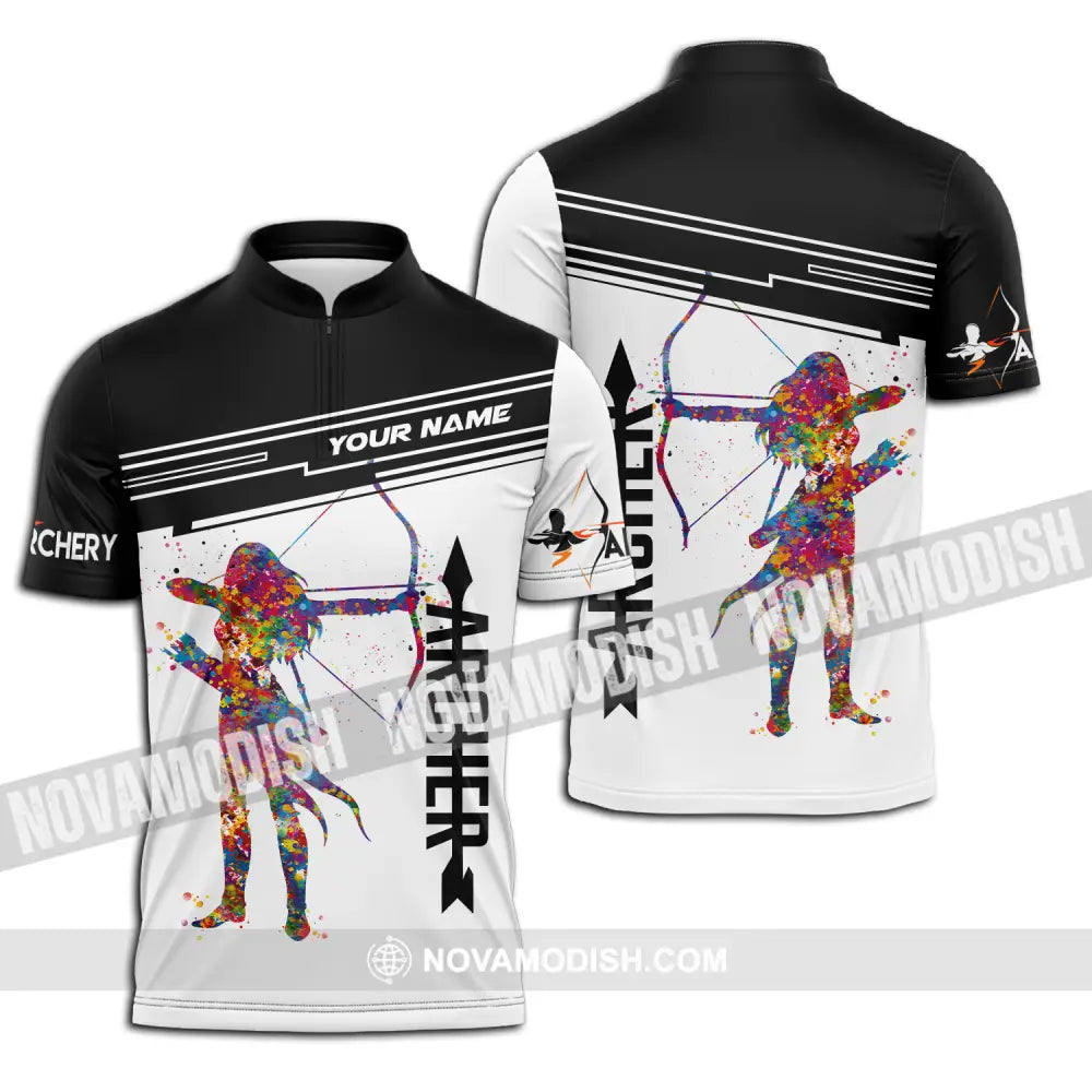 Unisex Shirt - Custom Name Archery Sport Shirt Black And White Zipper Polo Shirt / S T-shirt