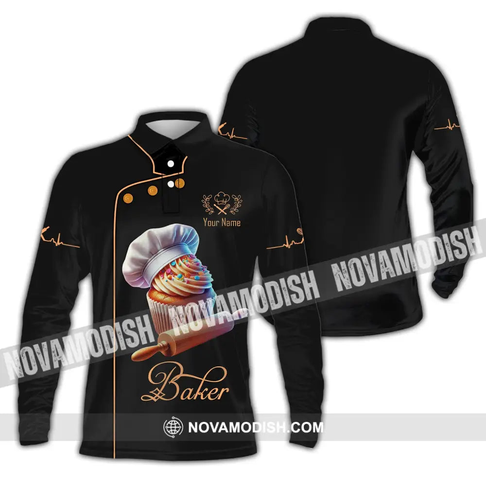 Unisex Shirt Custom Name Baker Bakery Chef Polo Long Sleeve Shop T-Shirt / S