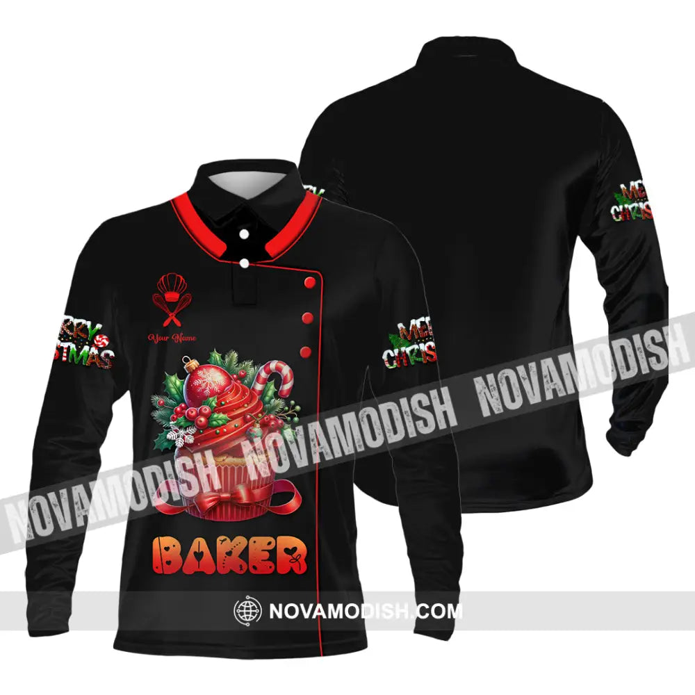 Unisex Shirt Custom Name Baker Christmas Bakery Shop T-Shirt Chef Polo Long Sleeve / S T-Shirt