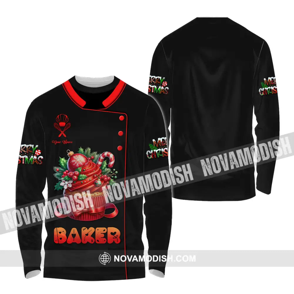 Unisex Shirt Custom Name Baker Christmas Bakery Shop T-Shirt Chef Polo Long Sleeve / S T-Shirt