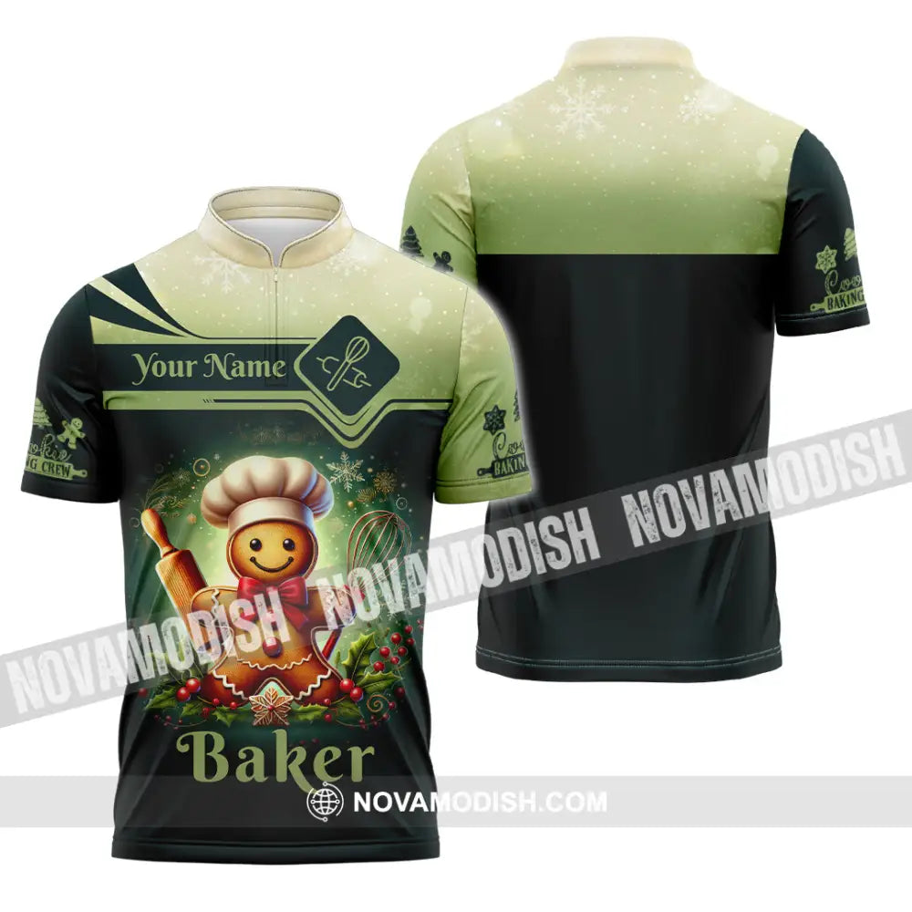 Unisex Shirt Custom Name Baker Christmas Bakery Shop T-Shirt Chef Polo Long Sleeve Zipper / S