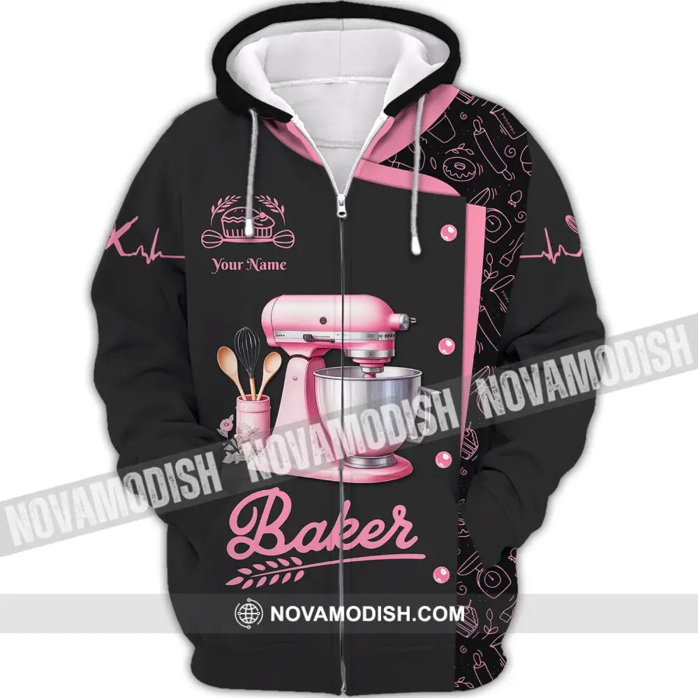 Unisex Shirt Custom Name Bakery Shop T-Shirt Chef Polo Long Sleeve Bakers Gift Zipper Hoodie / S