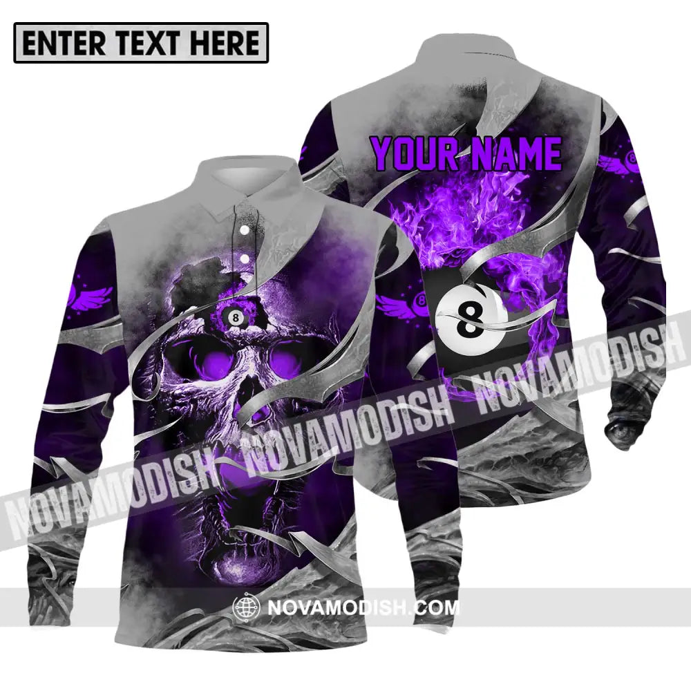 Unisex Shirt - Custom Name Billiards Shirt Purple Skull Long Sleeve Polo / S T-shirt