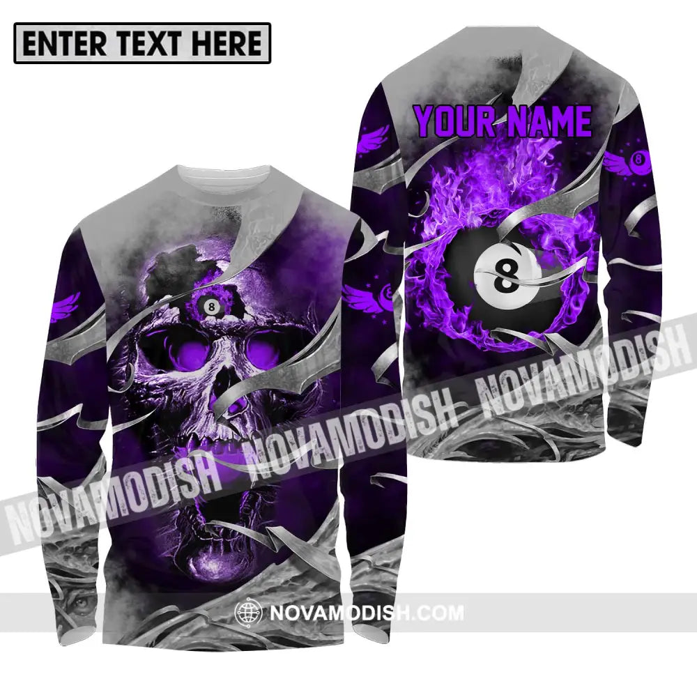 Unisex Shirt - Custom Name Billiards Shirt Purple Skull Long Sleeve Shirt / S T-shirt