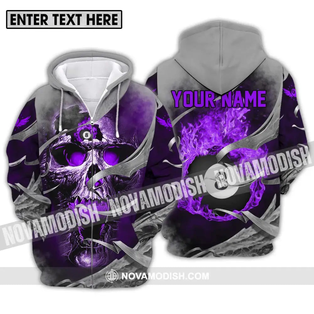 Unisex Shirt - Custom Name Billiards Shirt Purple Skull Zipper Hoodie / S T-shirt