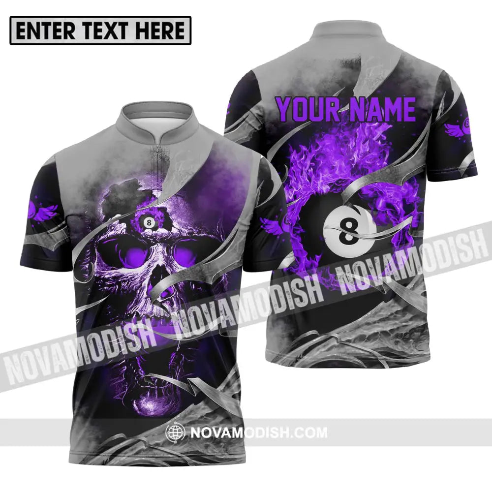 Unisex Shirt - Custom Name Billiards Shirt Purple Skull Zipper Polo Shirt / S T-shirt