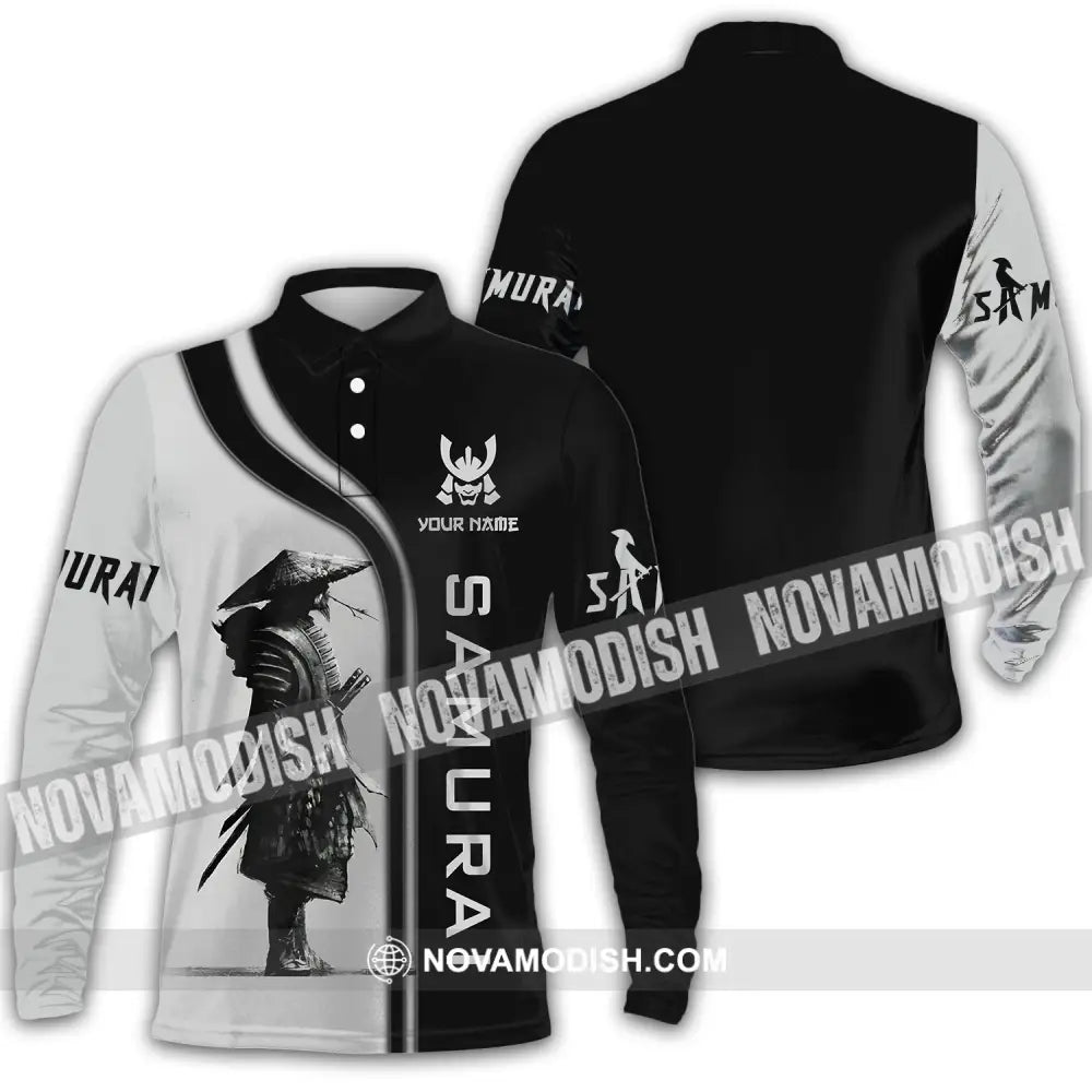 Unisex Shirt - Custom Name Black And Grey Samurai Shirt Long Sleeve Polo / S T-shirt