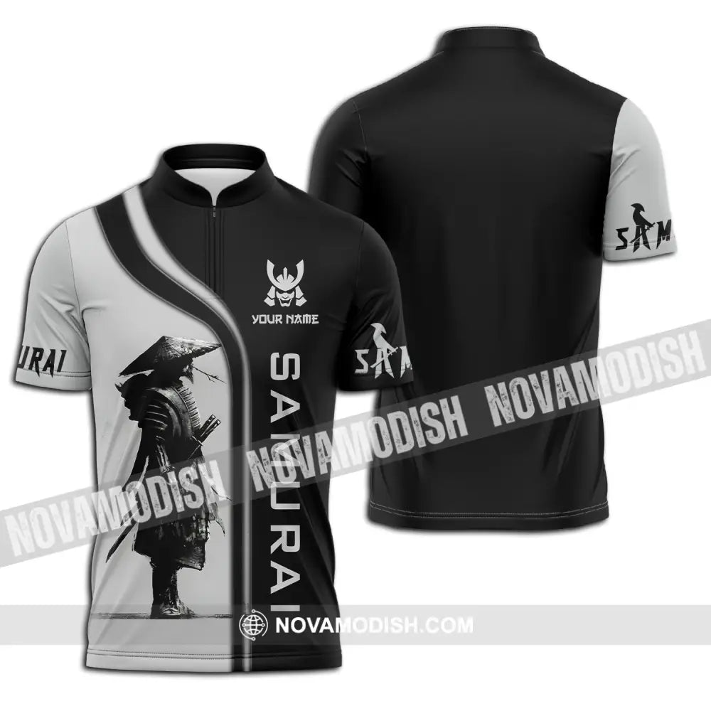 Unisex Shirt - Custom Name Black And Grey Samurai Shirt Zipper Polo Shirt / S T-shirt