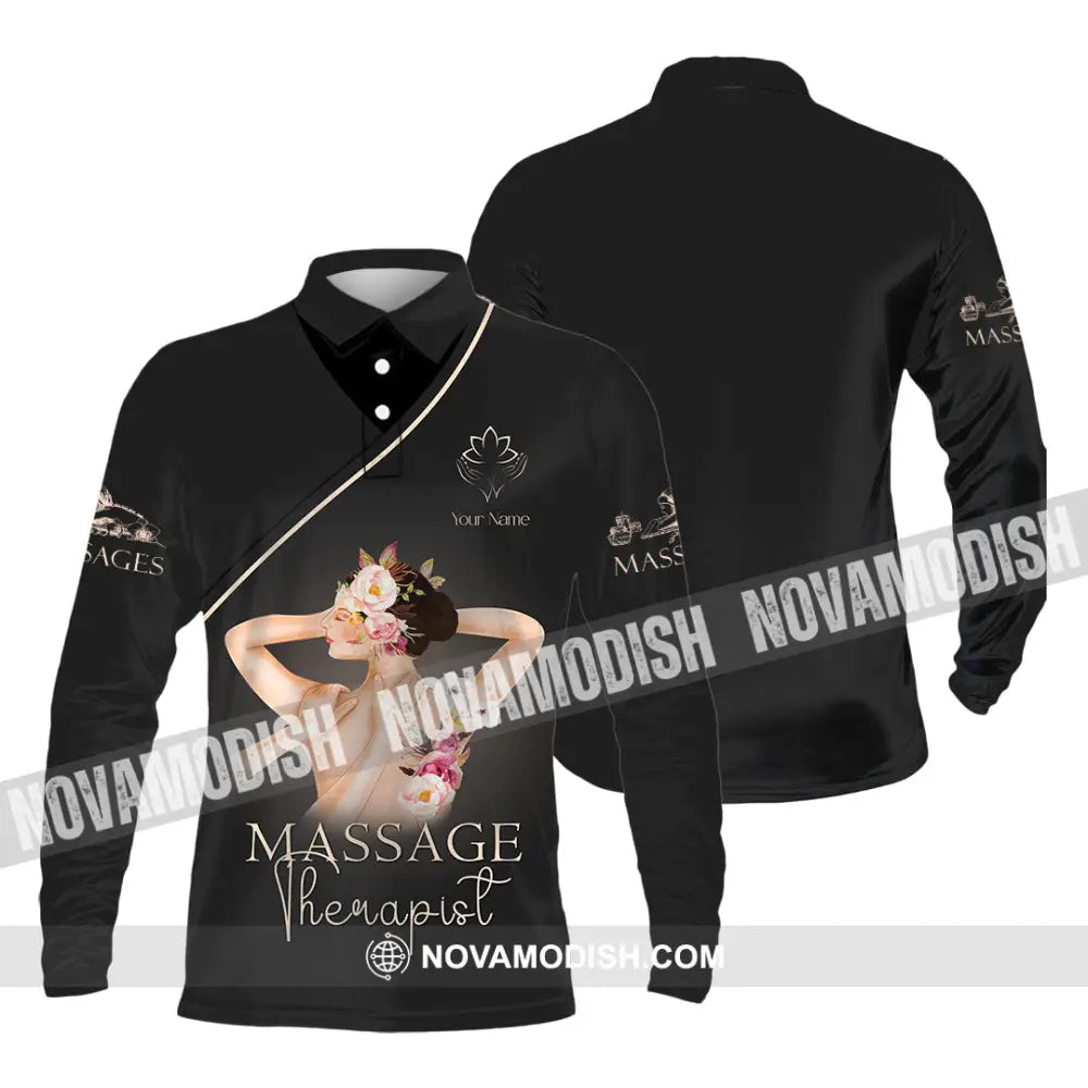 Unisex Shirt - Custom Name Shirt Black Massage Therapist Long Sleeve Polo / S T-shirt