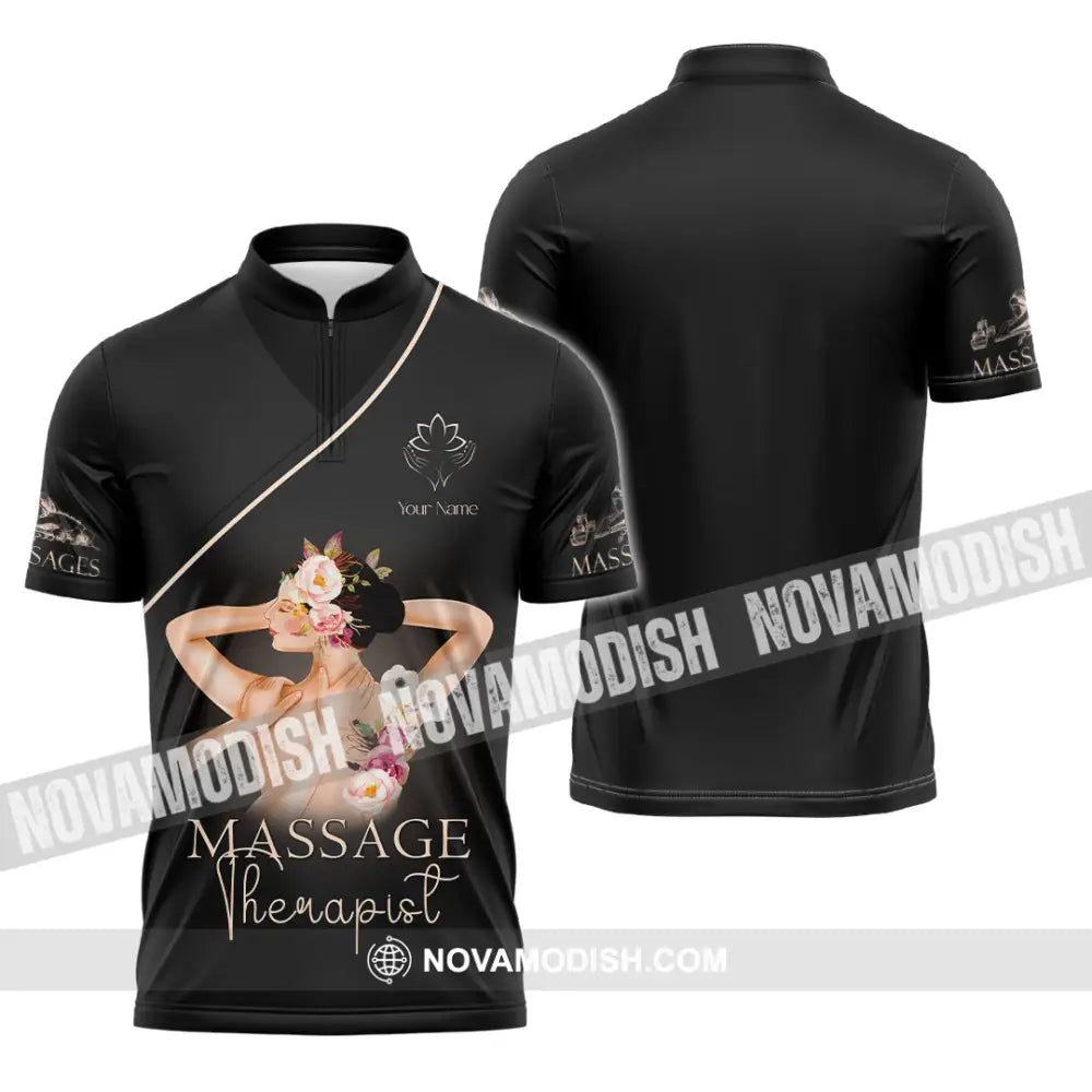 Unisex Shirt - Custom Name Shirt Black Massage Therapist Zipper Polo Shirt / S T-shirt