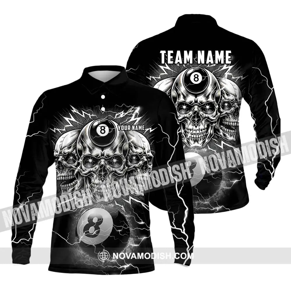 Unisex Shirt - Custom Name Black Skull Billiard Shirt Long Sleeve Polo / S T-shirt