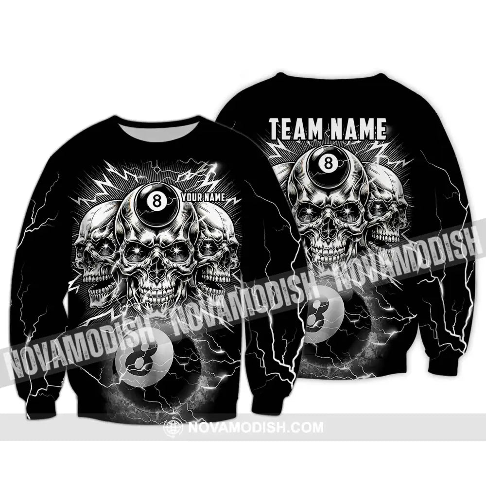 Unisex Shirt - Custom Name Black Skull Billiard Shirt Long Sleeve / S T-shirt
