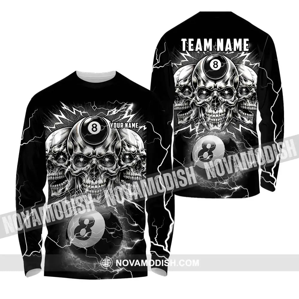Unisex Shirt - Custom Name Black Skull Billiard Shirt Long Sleeve Shirt / S T-shirt
