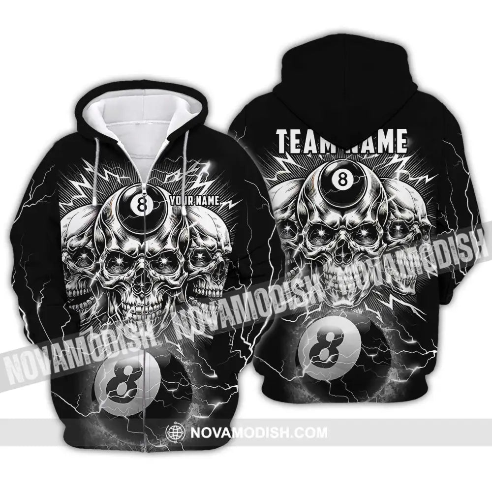 Unisex Shirt - Custom Name Black Skull Billiard Shirt Zipper Hoodie / S T-shirt