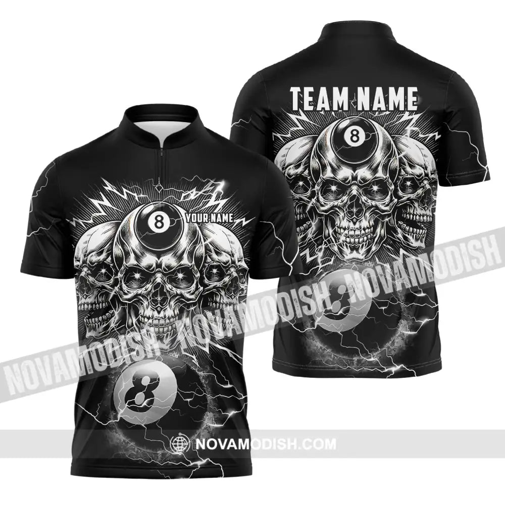 Unisex Shirt - Custom Name Black Skull Billiard Shirt Zipper Polo Shirt / S T-shirt