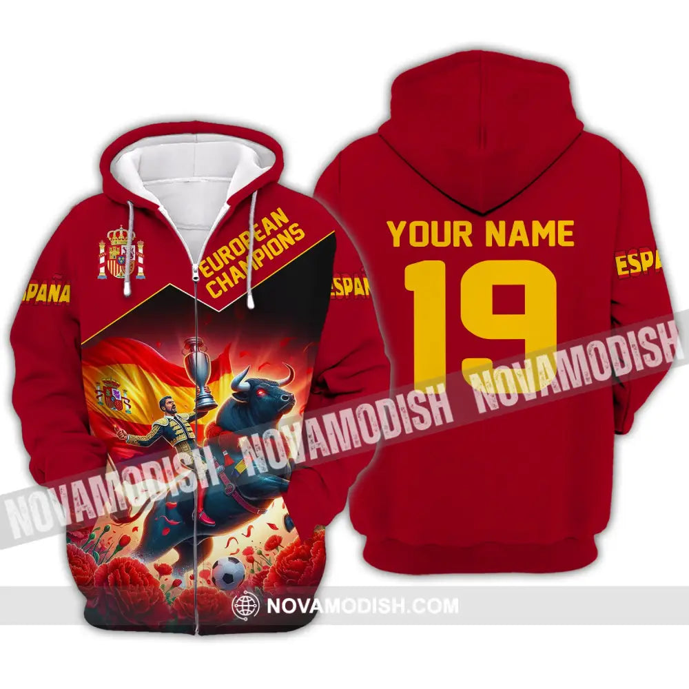 Unisex Shirt Custom Name España Football Polo Euro 2024 Espana Hoodie Long Sleeve Zipper / S T-Shirt