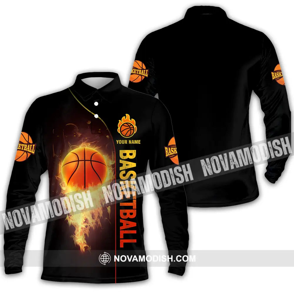 Unisex Shirt - Custom Name Fire Basketball Ball Shirt Long Sleeve Polo / S T-shirt