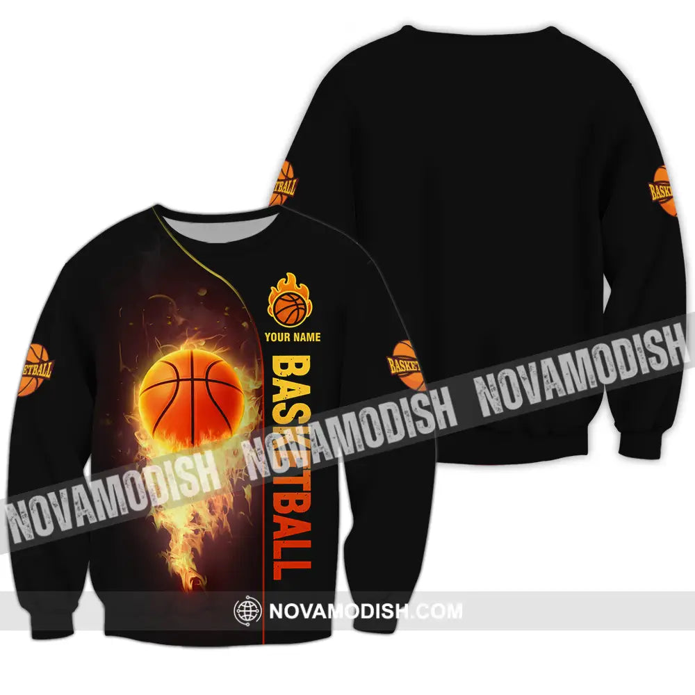 Unisex Shirt - Custom Name Fire Basketball Ball Shirt Long Sleeve / S T-shirt