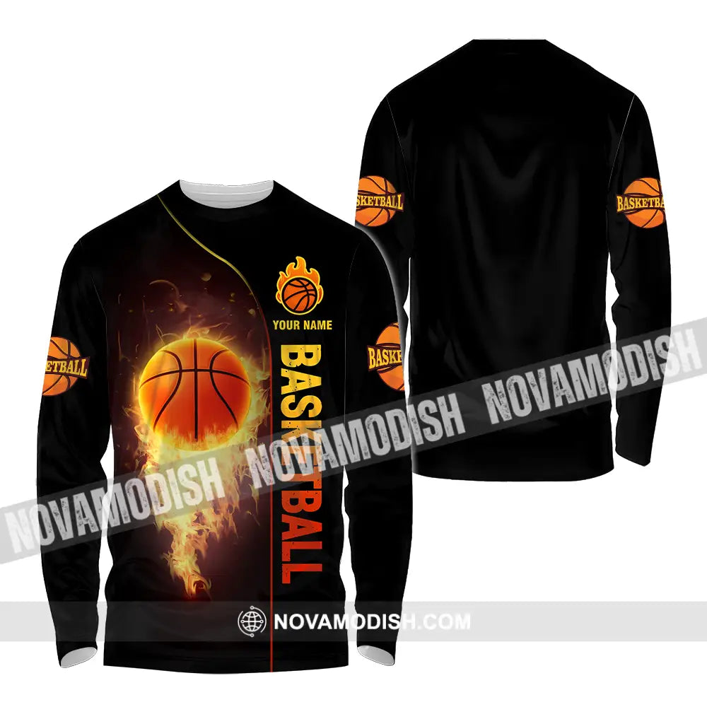 Unisex Shirt - Custom Name Fire Basketball Ball Shirt Long Sleeve Shirt / S T-shirt