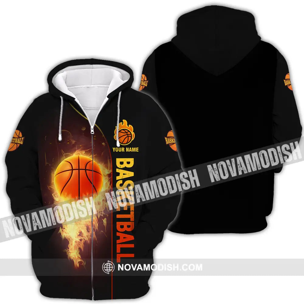 Unisex Shirt - Custom Name Fire Basketball Ball Shirt Zipper Hoodie / S T-shirt