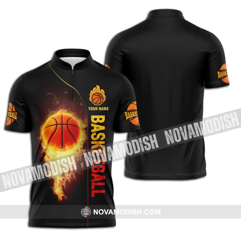 Unisex Shirt - Custom Name Fire Basketball Ball Shirt Zipper Polo Shirt / S T-shirt