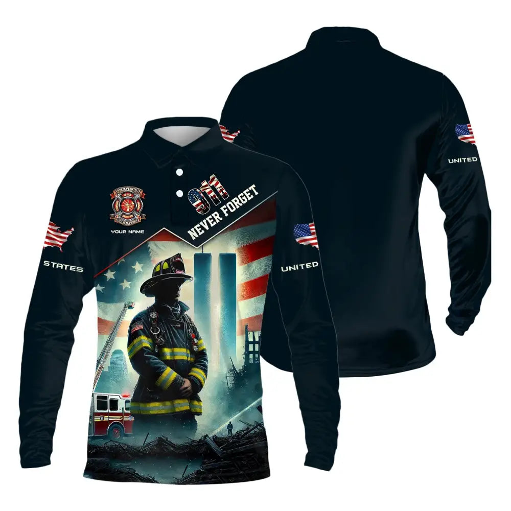 Unisex Shirt Custom Name Firefighter Memorial Fallen Firefighters 911 Long Sleeve Polo / S T-Shirt
