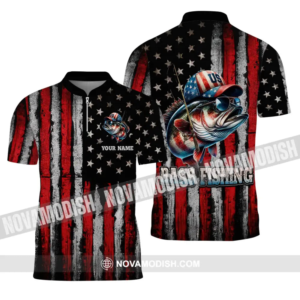 Unisex Shirt - Custom Name Fishing Lover Shirt US Bass Fishing Zipper Polo Shirt / S T-shirt