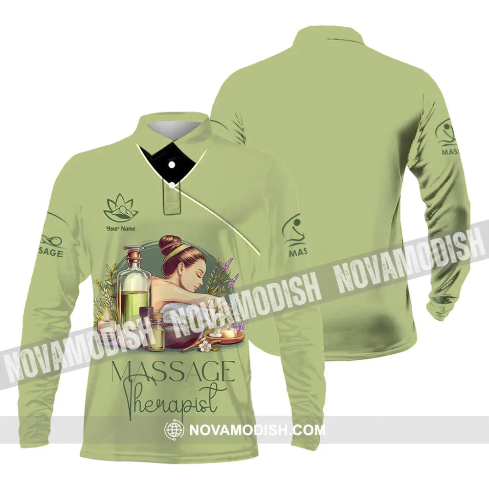 Unisex Shirt - Custom Name Shirt Green Tea Massage Therapist Long Sleeve Polo / S T-shirt