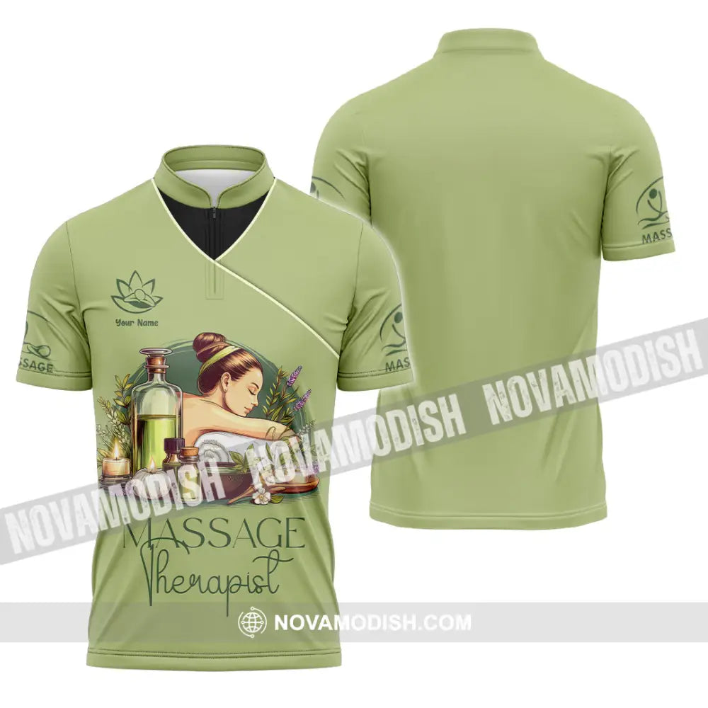 Unisex Shirt - Custom Name Shirt Green Tea Massage Therapist Zipper Polo Shirt / S T-shirt