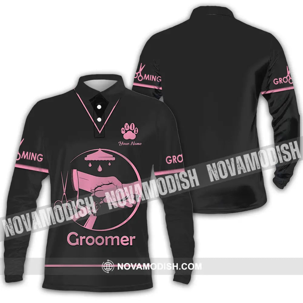 Unisex Shirt - Custom Name Groomer Shirt Grooming Long Sleeve Polo / S T-shirt