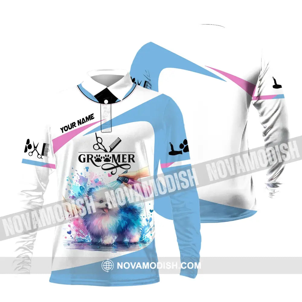 Unisex Shirt Custom Name Groomer Grooming T-Shirt Pet Apparel Long Sleeve Polo / S