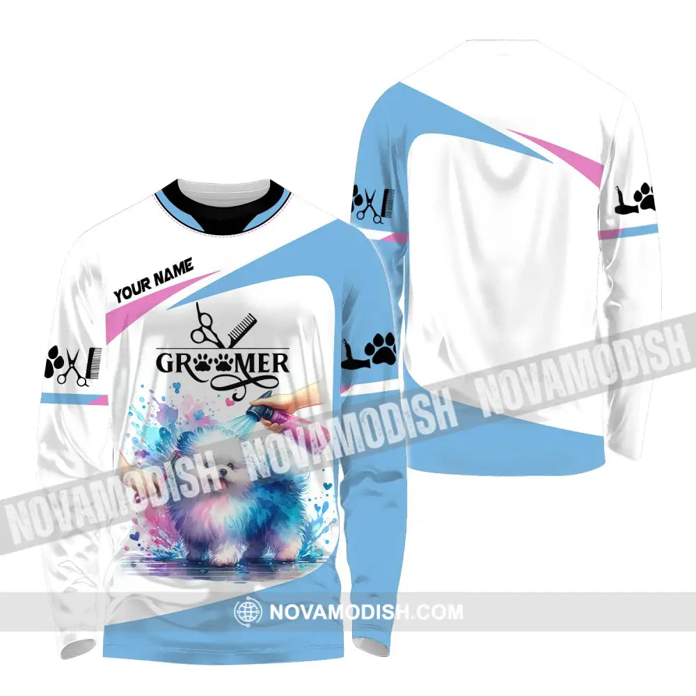 Unisex Shirt Custom Name Groomer Grooming T-Shirt Pet Apparel Long Sleeve / S